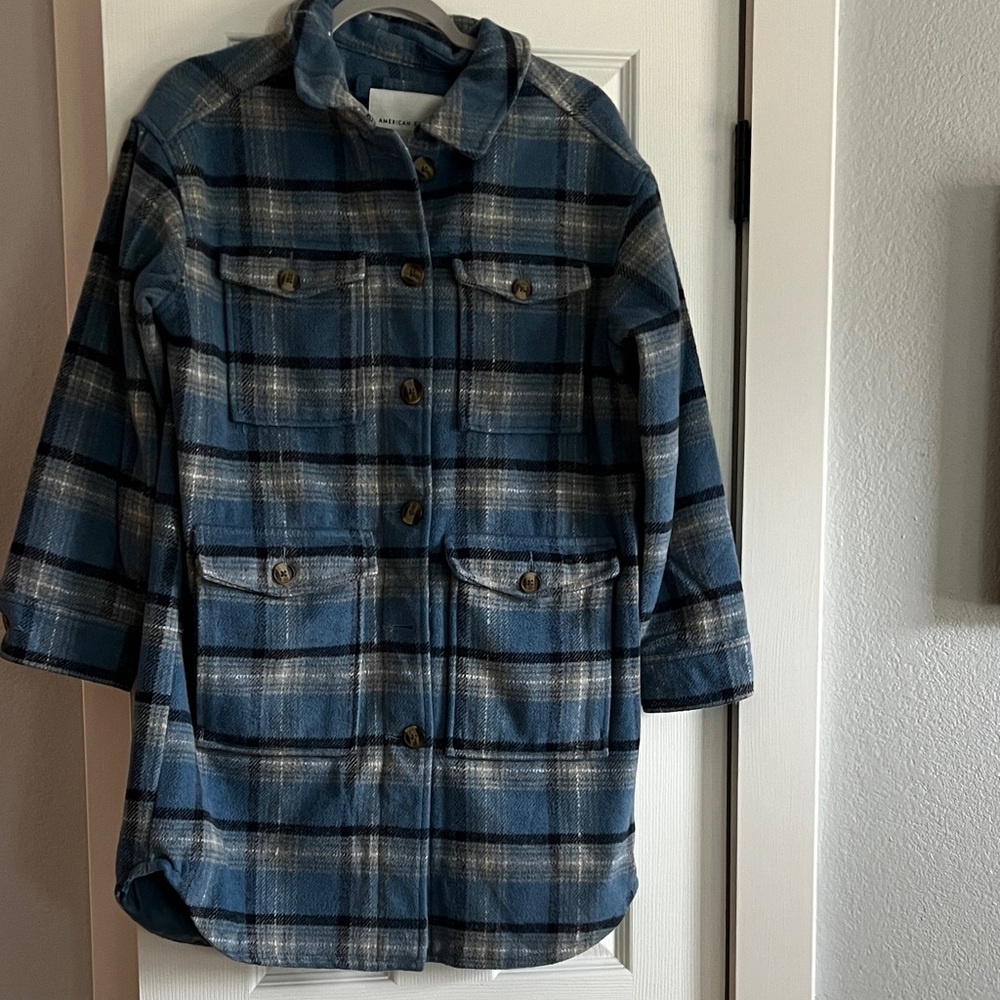 American Eagle Outfitters Navy and Cream Plaid Pea Coat